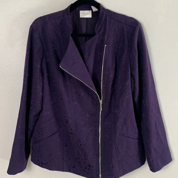 Chico's Size 2 US L Asymmetrical Zip Jacquard Jacket Eggplant Purple Lined - Picture 4 of 11